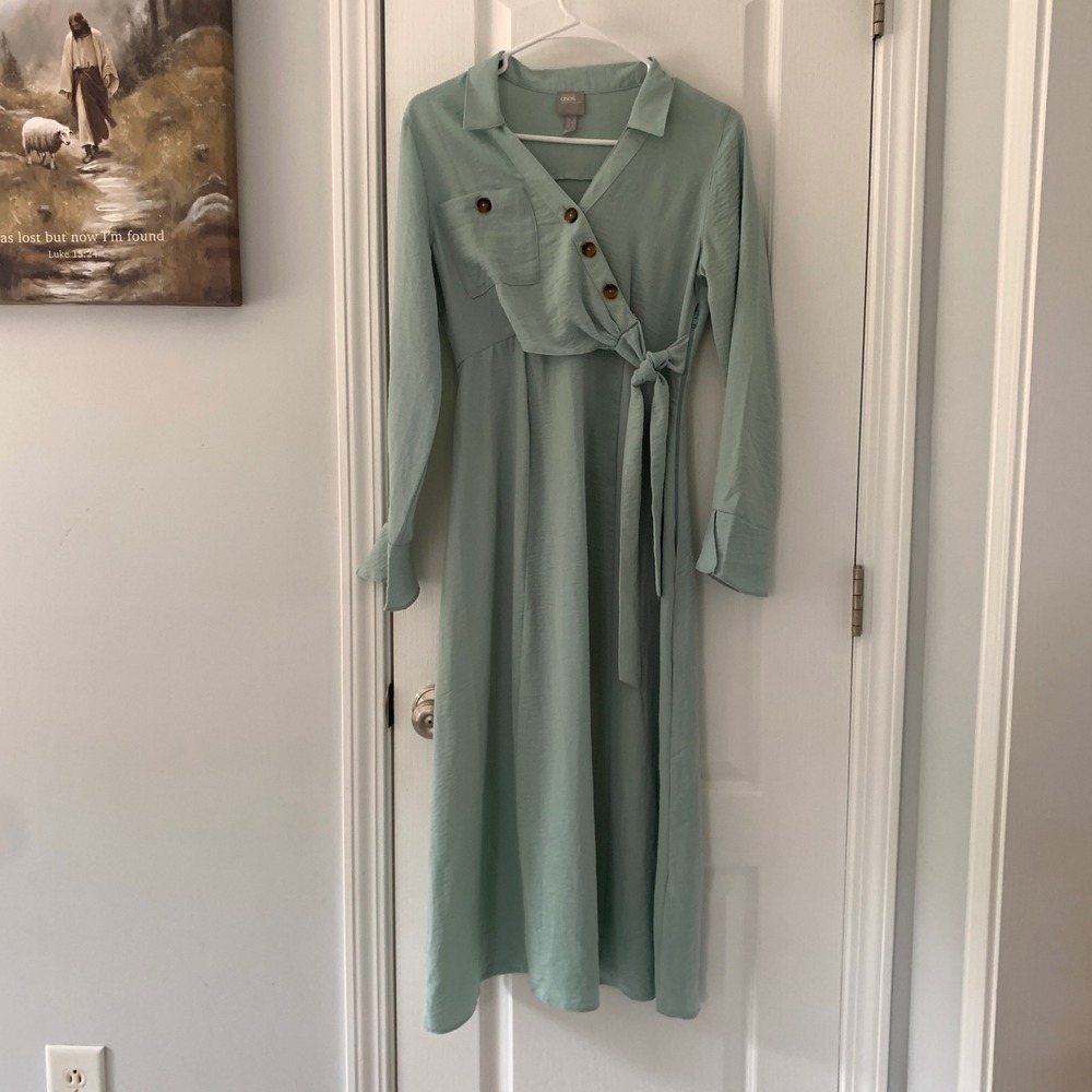 ASOS Sage Green Button Wrap Midi Dress Long Sleeve Collared US 4 UK 8 EU 36‎